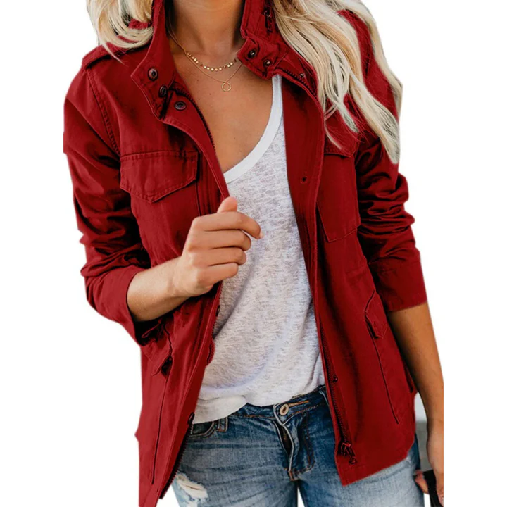 Women's relaxed-fit utility jacket cotton blend with zip front closure and multi-pocket design