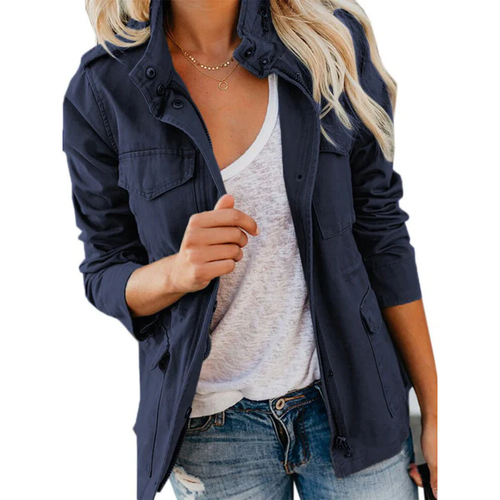 Women's relaxed utility jacket in cotton blend with zip front closure and multi-pocket design