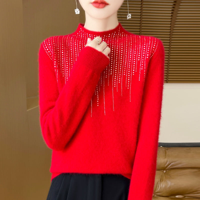 Women's cozy wool knit sweater loose fit high neck with embellished diamond pattern