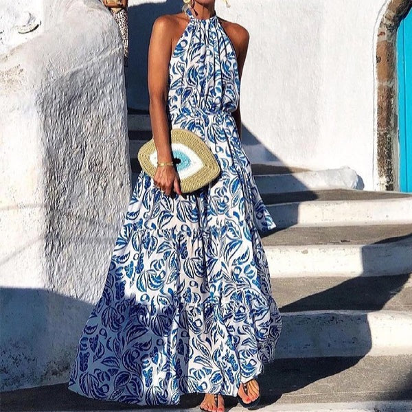 Floral print halter neck maxi dress with tiered skirt in flowy cotton blend for women