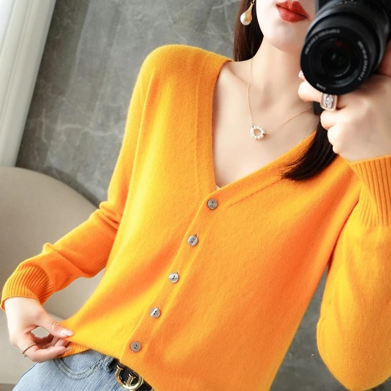 Women's wool blend cardigan relaxed fit V-neck button front with ribbed trim for cozy layering