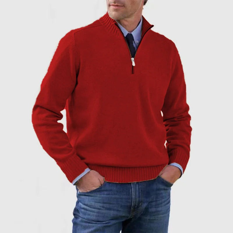 Men's navy quarter zip knit sweater slim business casual pullover with adjustable zip neckline