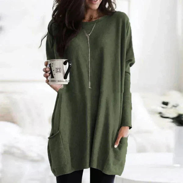 Women's oversized soft knit tunic pullover with dropped shoulders and side pockets, relaxed fit