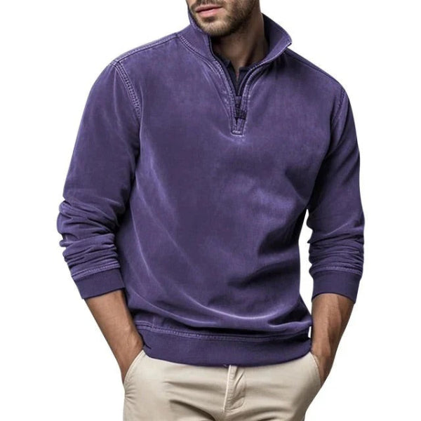 Men's navy blue regular fit fleece pullover with quarter zip collar and ribbed trim