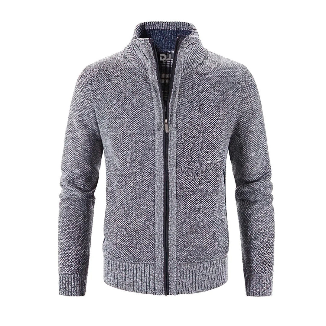 Men's slim fit wool knit zip-up cardigan in neutral tone with ribbed trim and contrast accents