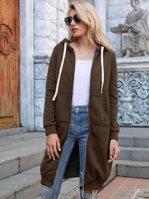 Women's oversized gray zip-front hooded sweatshirt long length casual cotton fit