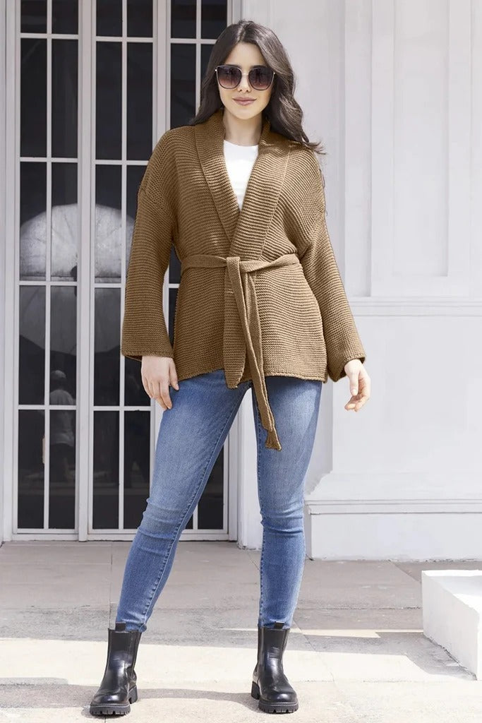 Women's ribbed knit cardigan with shawl collar, belted waist, and mid-length fit for cozy style