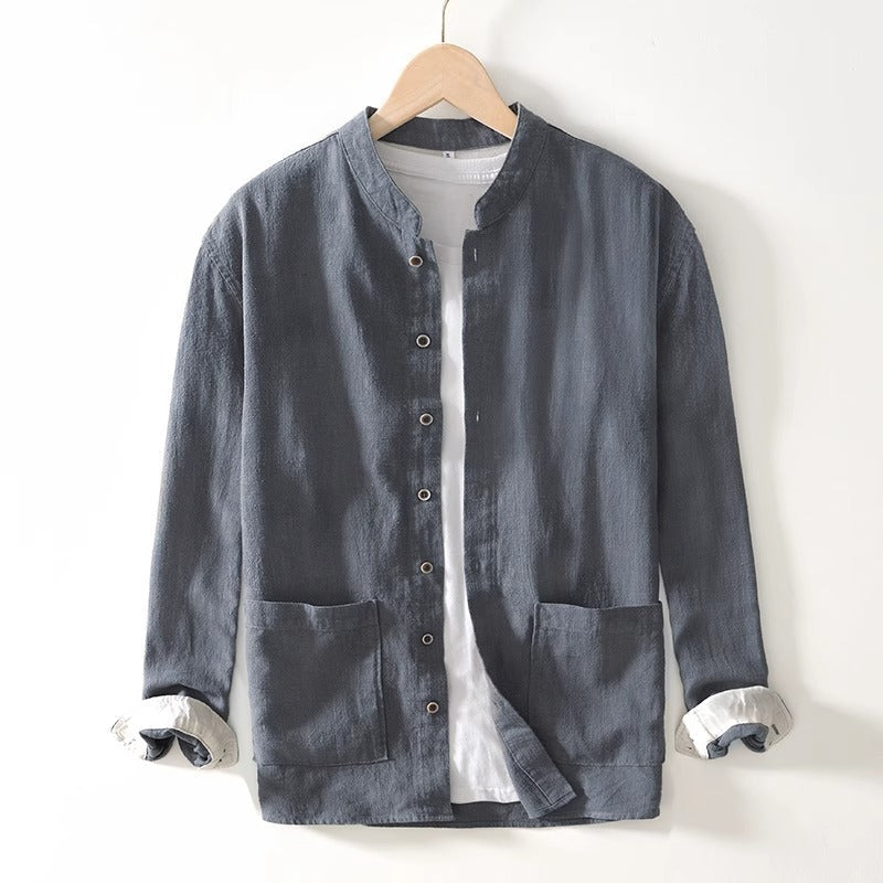White Haku mandarin collar shirt relaxed fit textured fabric contrast cuffs minimalist style