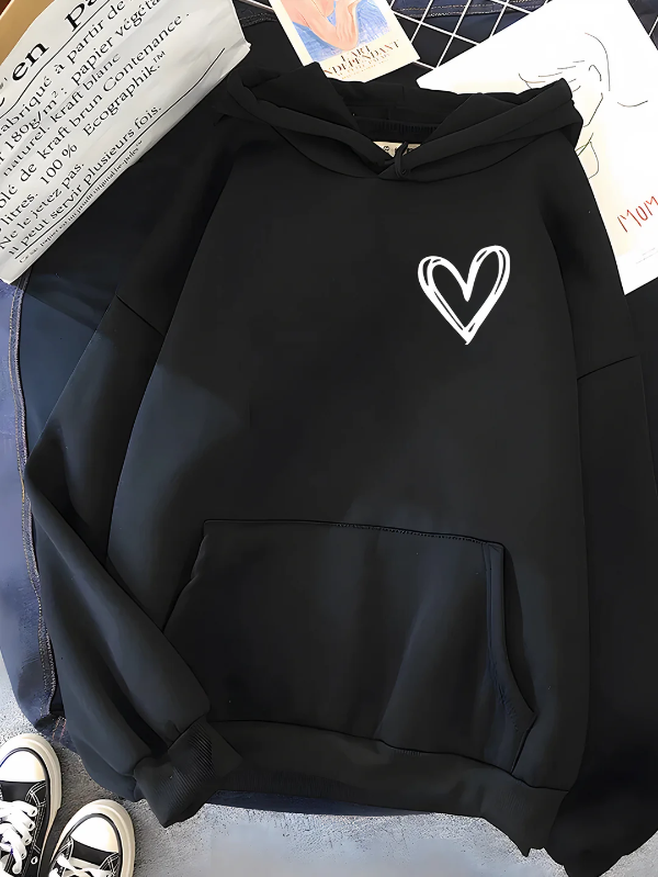 Women's relaxed-fit cotton-blend hoodie sweatshirt with heart print and kangaroo pocket