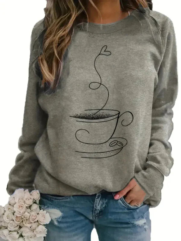 Women's relaxed fit crew neck sweatshirt cotton blend with playful coffee cup graphic print