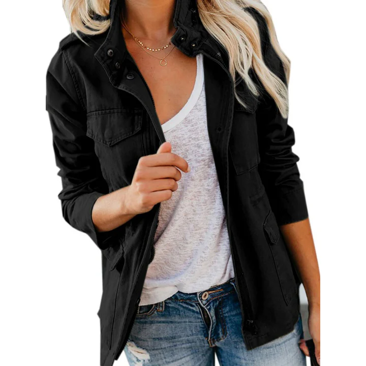 Women's relaxed utility jacket cotton blend zip front multi-pocket design casual everyday outerwear