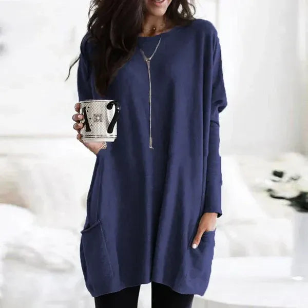 Women's oversized soft knit tunic pullover with dropped shoulders and convenient side pockets