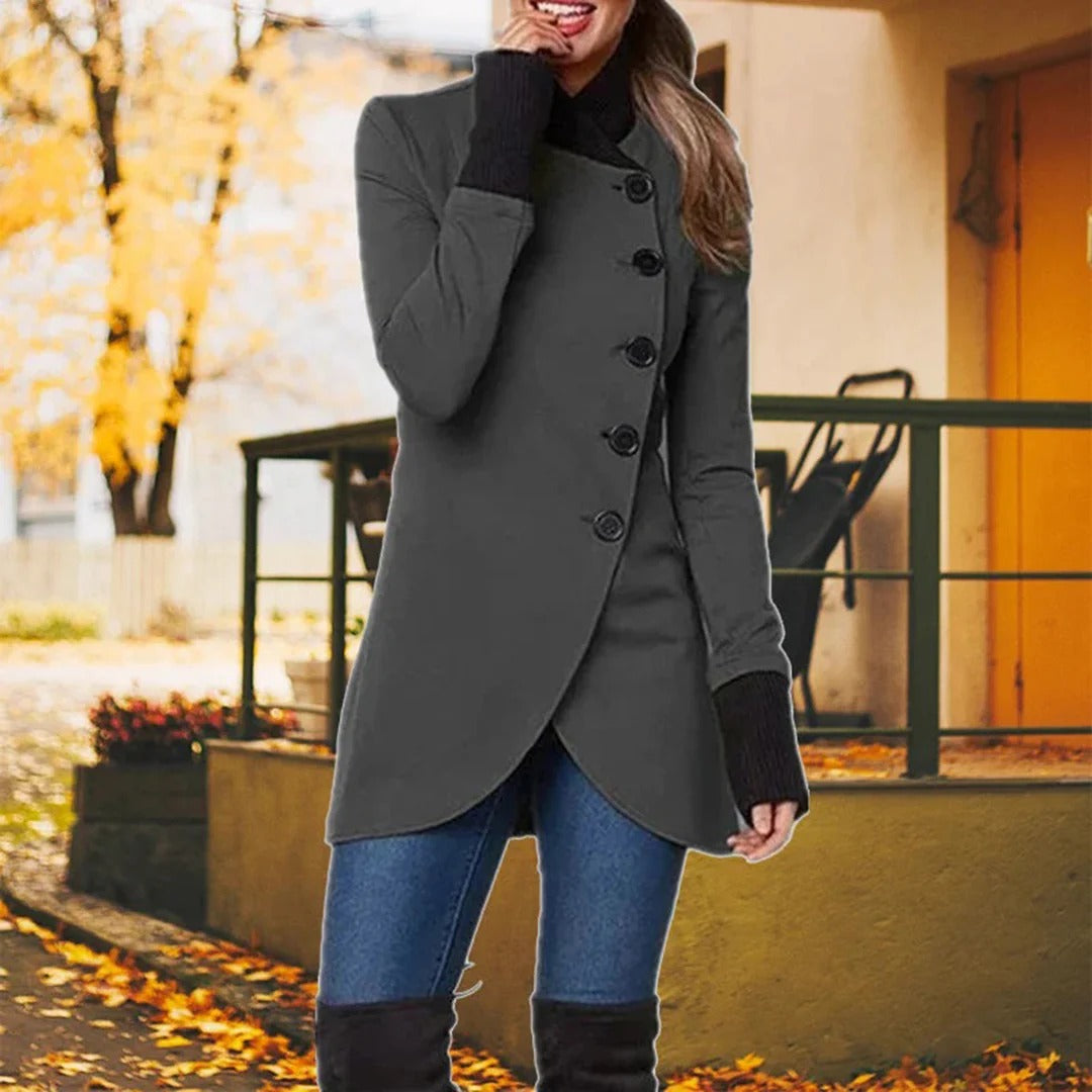 Black women's asymmetrical button jacket tailored fit high collar mid-thigh length diagonal closure