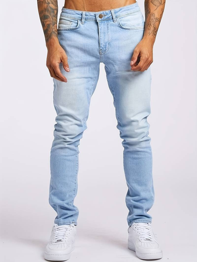 Men's slim fit stretch denim jeans classic 5-pocket zipper fly casual blue pants