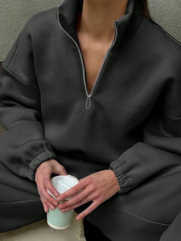 Women's oversized soft cotton zip pullover high-neck cozy relaxed fit casual sweatshirt