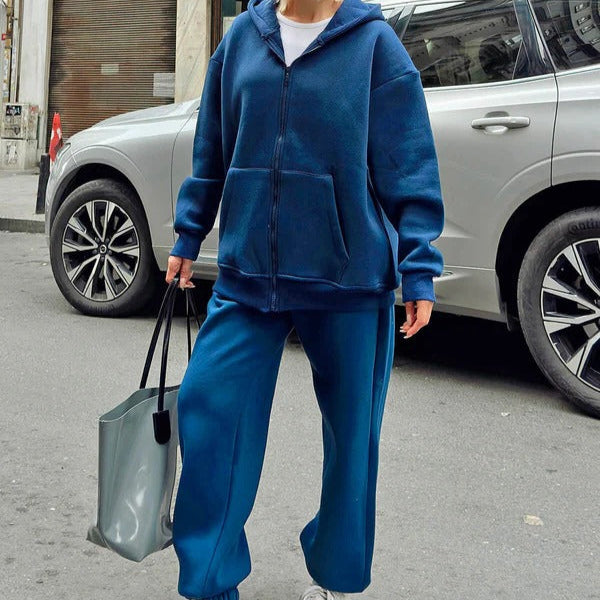 Women's oversized cotton hoodie lounge set with zip front closure and drawstring hood