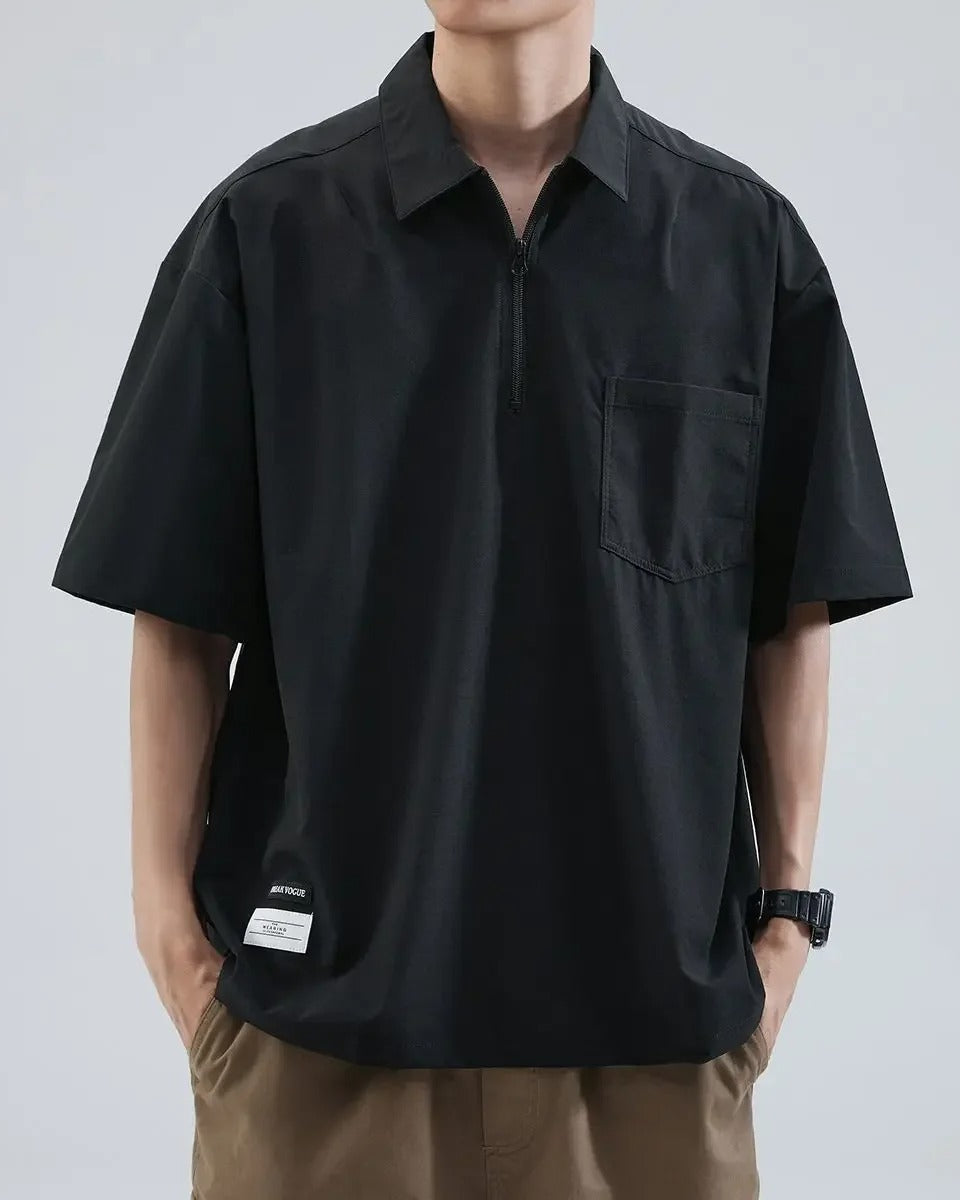 Oversized boxy polo shirt in ice silk fabric with zipper detail, lightweight cooling fit for summer