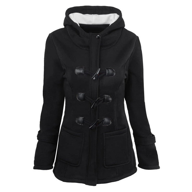 Women's structured cotton blend hooded jacket hip length toggle closure chic everyday style