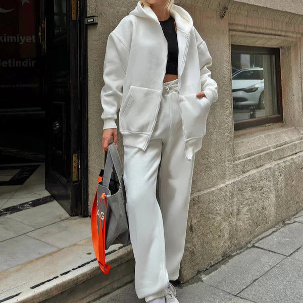 Women's oversized cotton hoodie lounge set in neutral tone, zip-front with drawstring hood