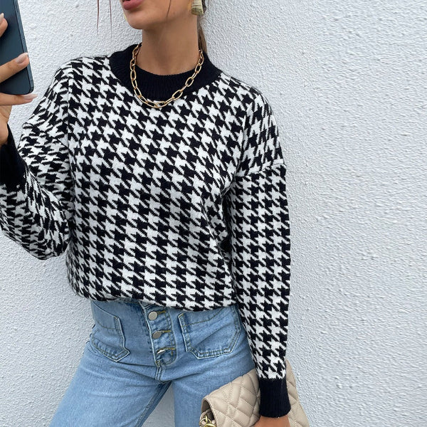 Women's wool blend houndstooth pullover sweater relaxed fit blue-gray ribbed trim cozy warmth