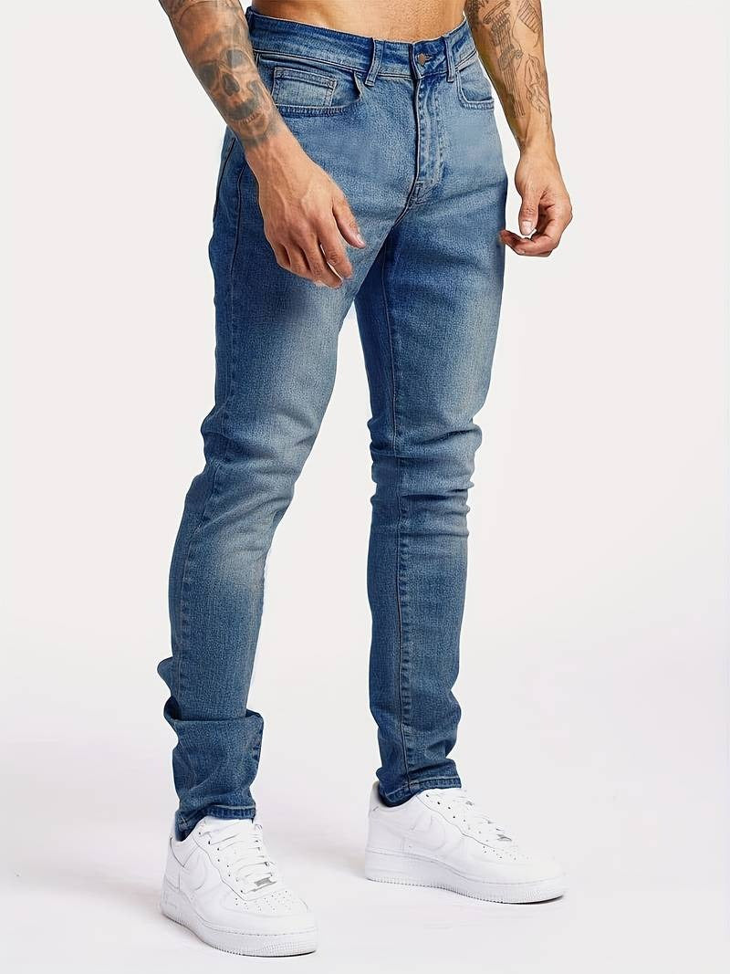 Men's slim fit stretch denim jeans classic 5-pocket zipper fly casual blue pants