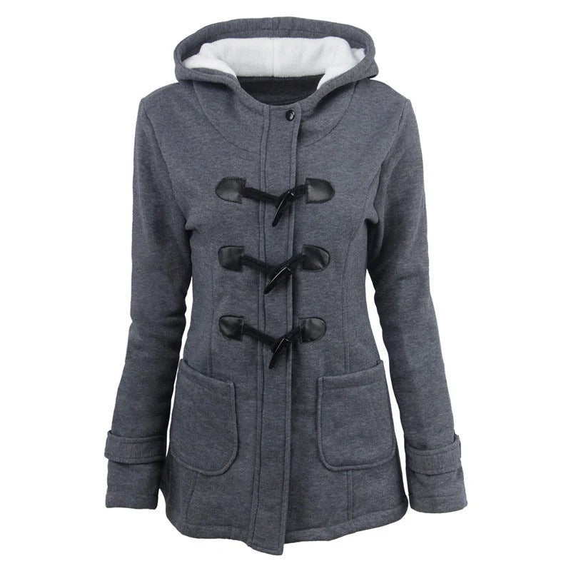 Women's structured cotton blend hooded jacket with toggle closure, hip length, chic everyday style