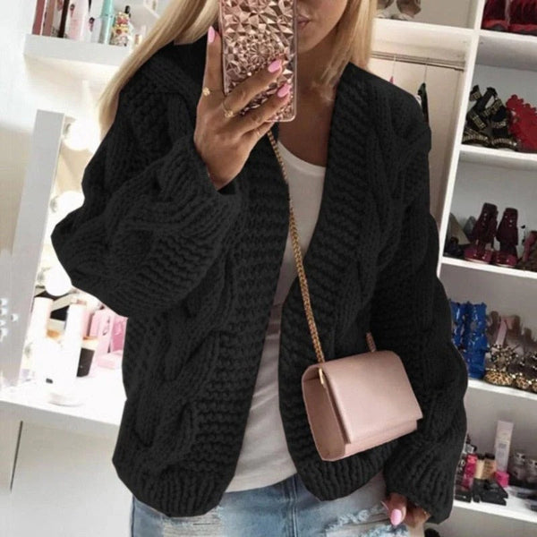 Women's cream chunky cable knit cardigan structured open-front wool-blend design