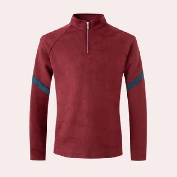 Men's navy wool blend quarter-zip pullover sweater with high neck and raglan sleeves relaxed fit
