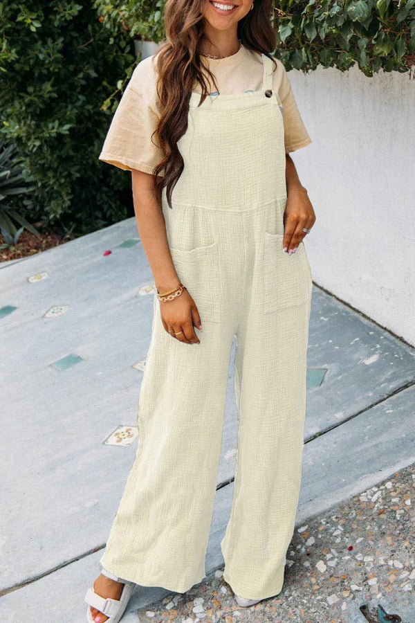 Women's relaxed fit wide-leg sleeveless jumpsuit in cotton blend with front pockets