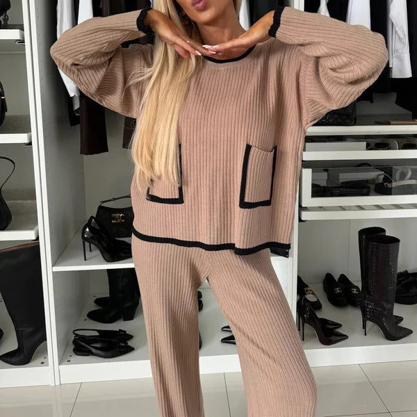 Women's ribbed knit loungewear set, relaxed fit full-length pants with contrast trim details