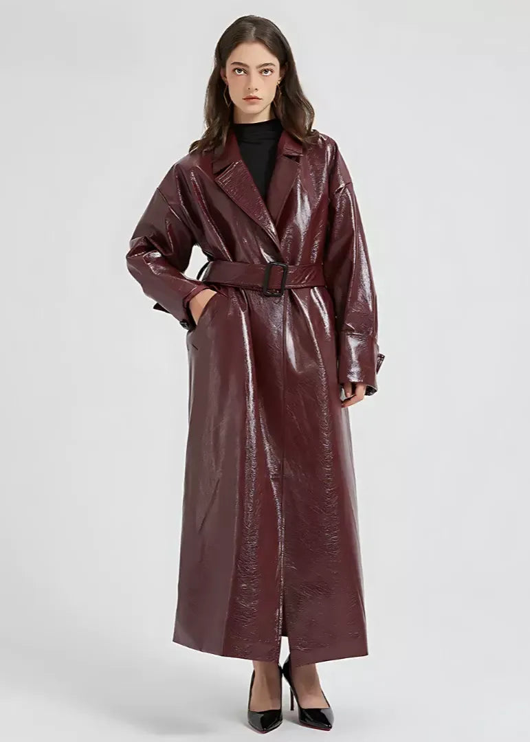 Women's glossy vegan leather trench coat slim fit full length belted waist black stylish