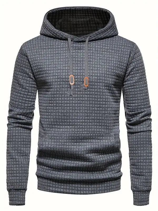 Men's quilted pullover hoodie regular fit with adjustable hood and ribbed cuffs, grid texture