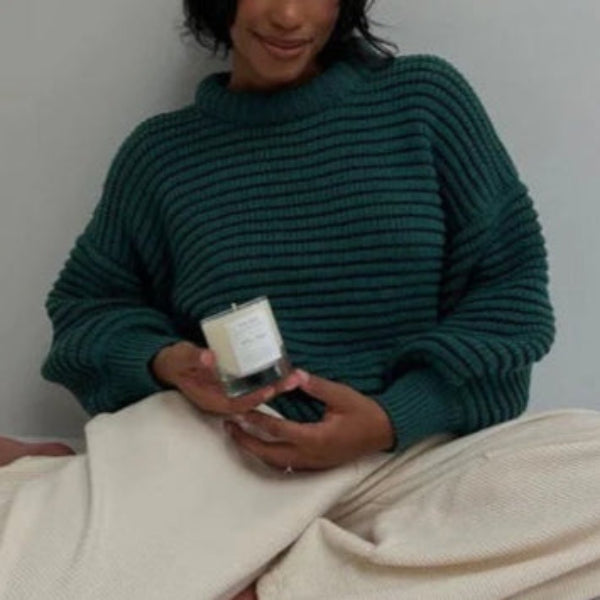 Women's oversized ribbed knit sweater wool blend high collar cozy chunky style