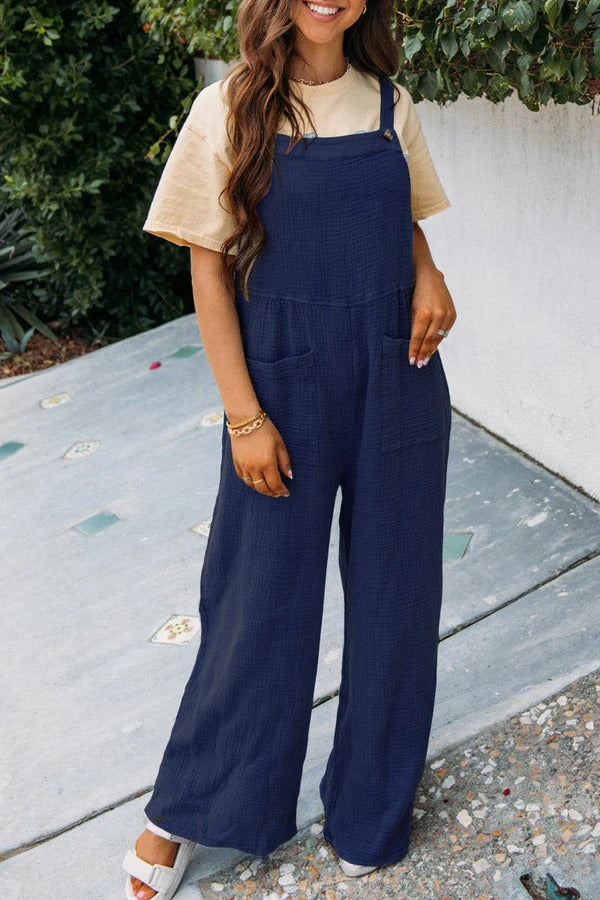 Women's relaxed fit wide-leg sleeveless jumpsuit in cotton blend with front pockets