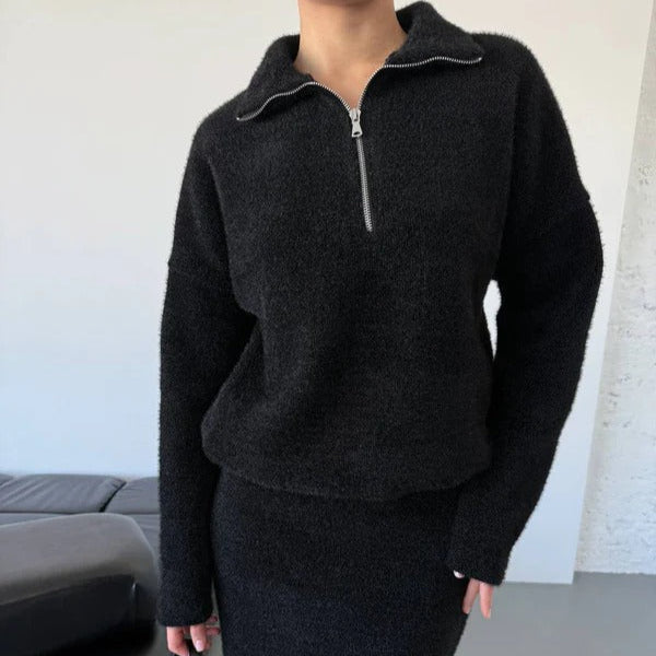 Women's loose fit wool blend pullover sweater with half zip mock neck in hip length style