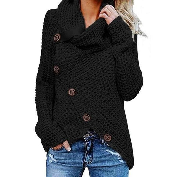 Women's relaxed waffle knit cowl neck sweater with asymmetric button front, cozy chic style