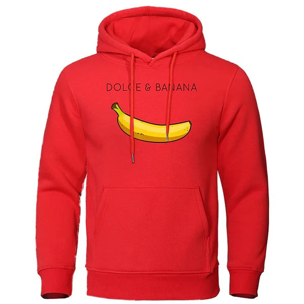 Men's relaxed-fit cotton-blend hoodie with banana graphic print, drawstring hood, and front pocket