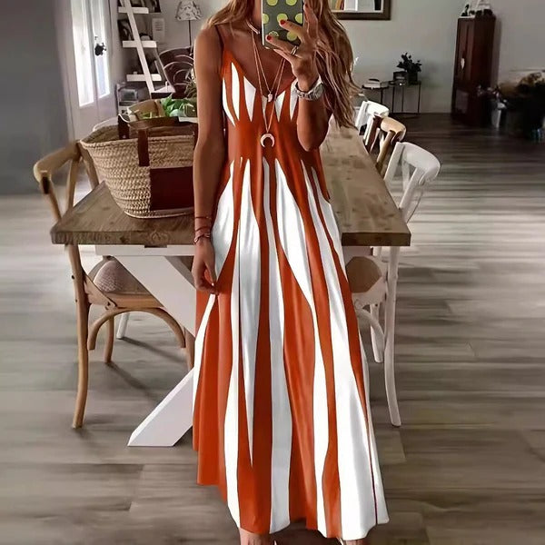 Women's blue and white vertical stripe sleeveless maxi dress with V-neck and flowing silhouette