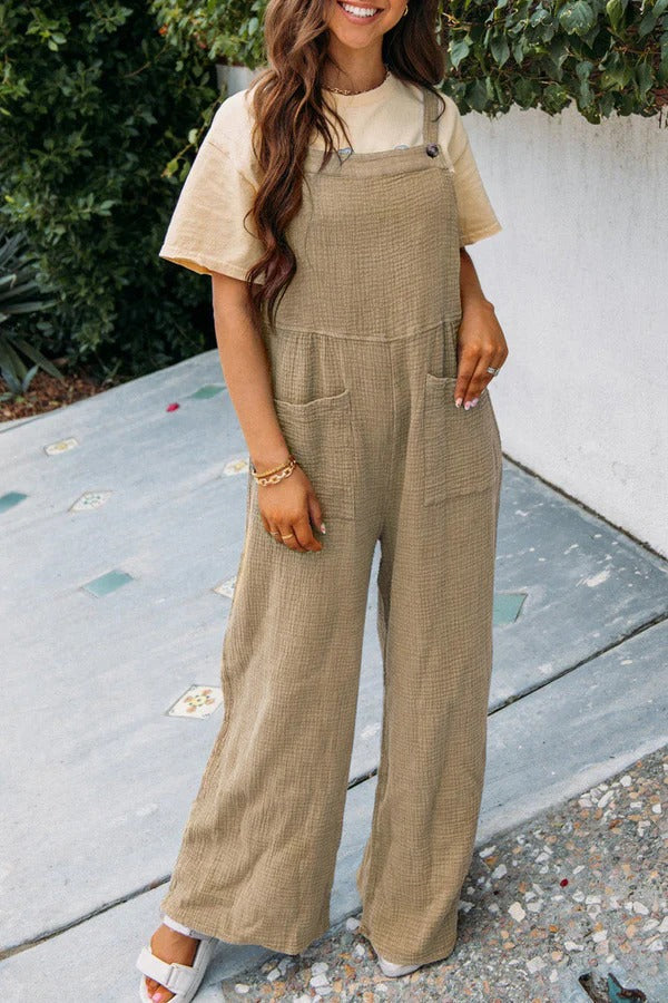 Women's relaxed fit wide-leg sleeveless jumpsuit in cotton blend with front pockets