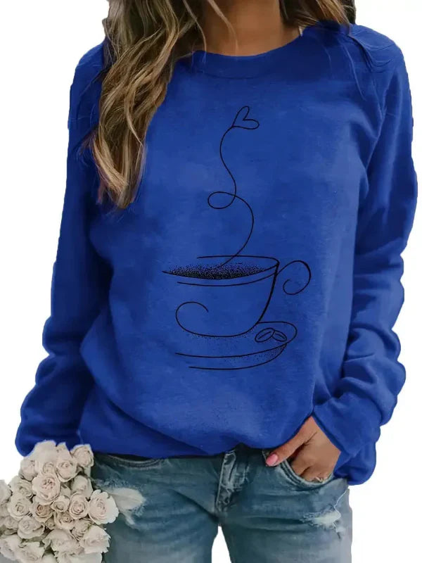 Women's relaxed-fit cream crew neck sweatshirt with playful coffee cup graphic print, cotton blend