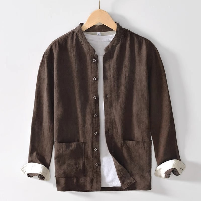 White Haku collarless mandarin collar shirt relaxed fit textured fabric contrast-lined cuffs