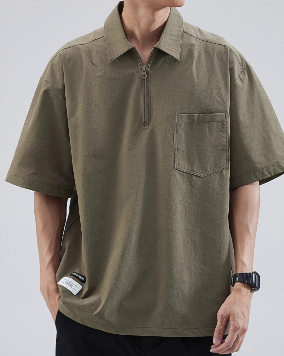 Oversized boxy polo shirt in ice silk fabric with zipper detail, lightweight cooling fit for summer