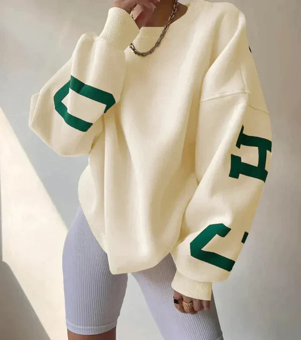 Women's oversized cotton blend sweatshirt with dropped shoulders and bold side print detail