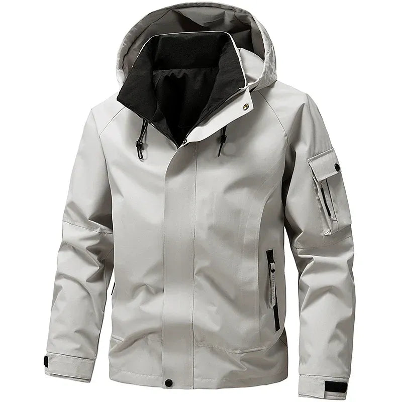 Men's regular fit hooded jacket with zipper placket, water-resistant fabric, and utility pockets