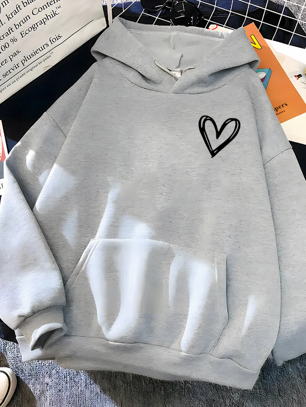 Women's relaxed-fit cotton blend hoodie sweatshirt with heart print and kangaroo pocket