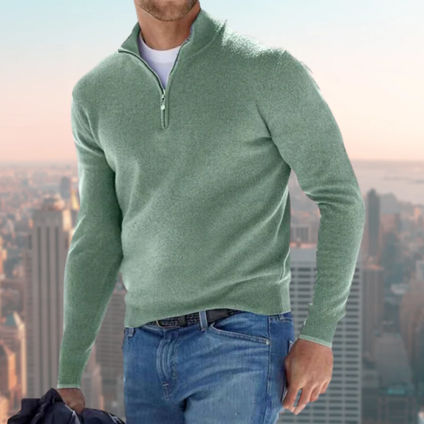 Black cotton-blend men's quarter-zip sweatshirt with stand collar, regular fit casual style
