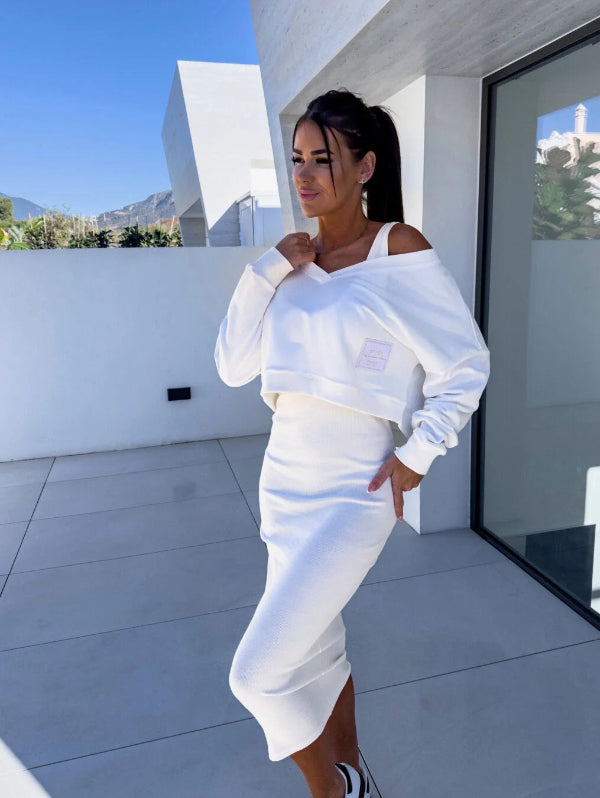 Women's slim fit two-piece sweatshirt set, cropped V-neck top and midi skirt, cotton blend