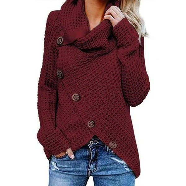 Women's relaxed fit waffle knit sweater with cowl neck and asymmetric button front closure