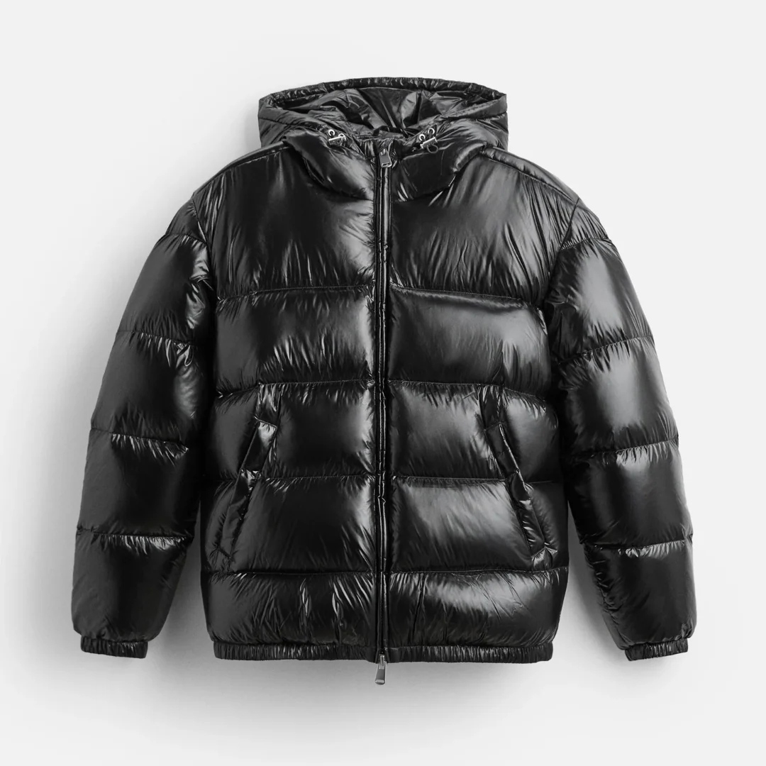 Men's shiny hooded quilted puffer jacket lightweight waterproof insulated glossy exterior outerwear