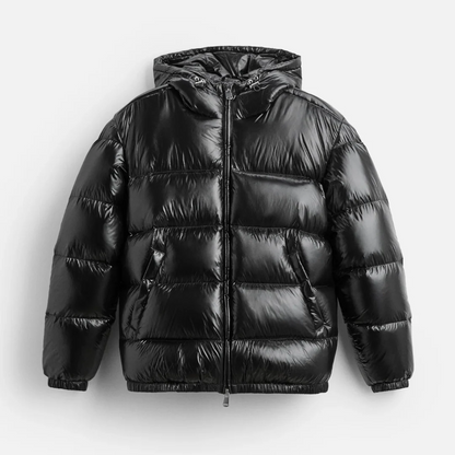 Men's shiny hooded quilted puffer jacket lightweight waterproof insulated glossy exterior outerwear